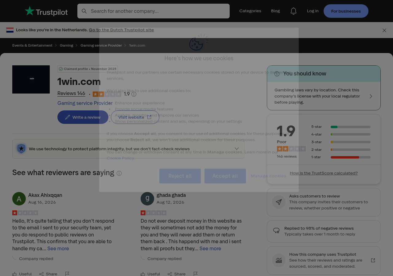 Dated user-review context for 1win.com