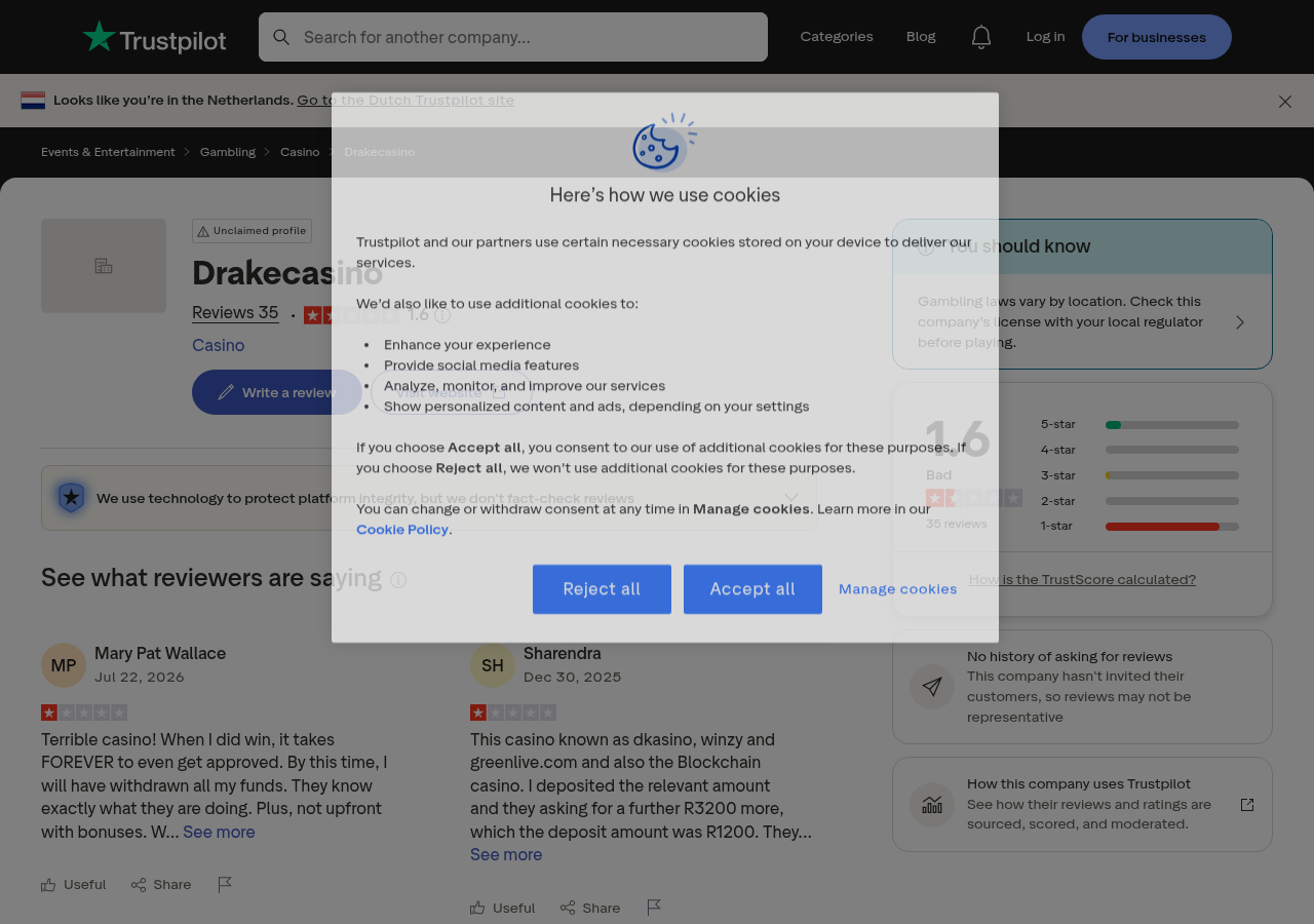 Supplied dated user-review context capture for drakecasino.eu